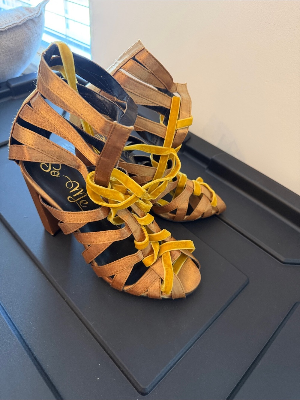Strappy Brown and Yellow Block Heel Sandals